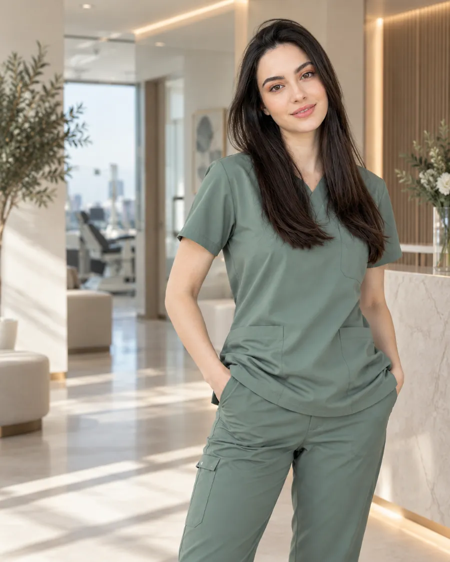 Professionnelle de santé portant un pyjama médical vert sauge CLINICHIC