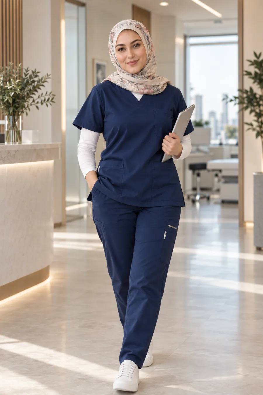 Soignante en pyjama médical col V bleu marine CLINICHIC dans un hôpital
