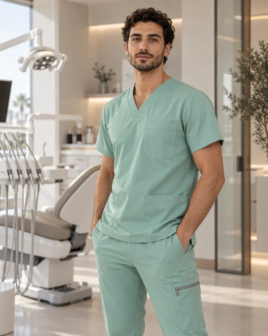 Dentiste portant un pyjama médical vert sauge CLINICHIC dans son cabinet