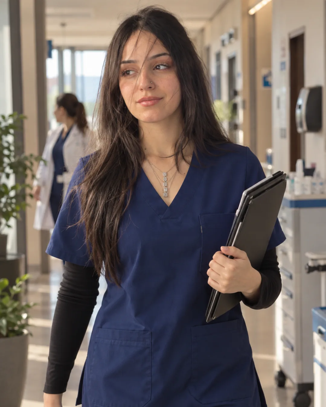 Soignante en pyjama médical col V bleu marine CLINICHIC marchant dans un hôpital